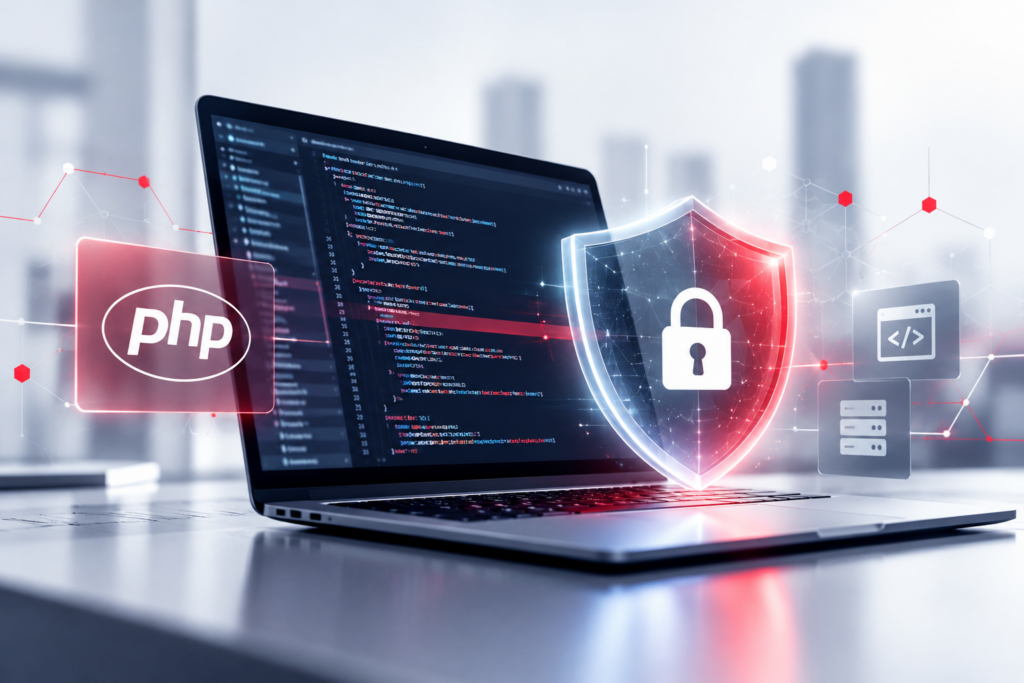 Laptop displaying PHP code with a cybersecurity shield, illustrating PHP2Shell vulnerabilities and application security.