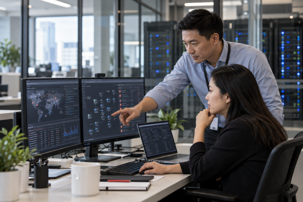 Two cybersecurity specialists reviewing security dashboards in a modern office with server racks.