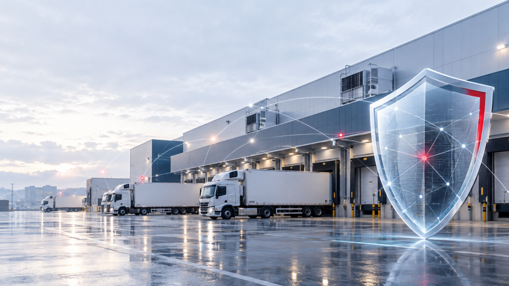 Conceptual cybersecurity shield in front of a cold-storage warehouse and delivery trucks.