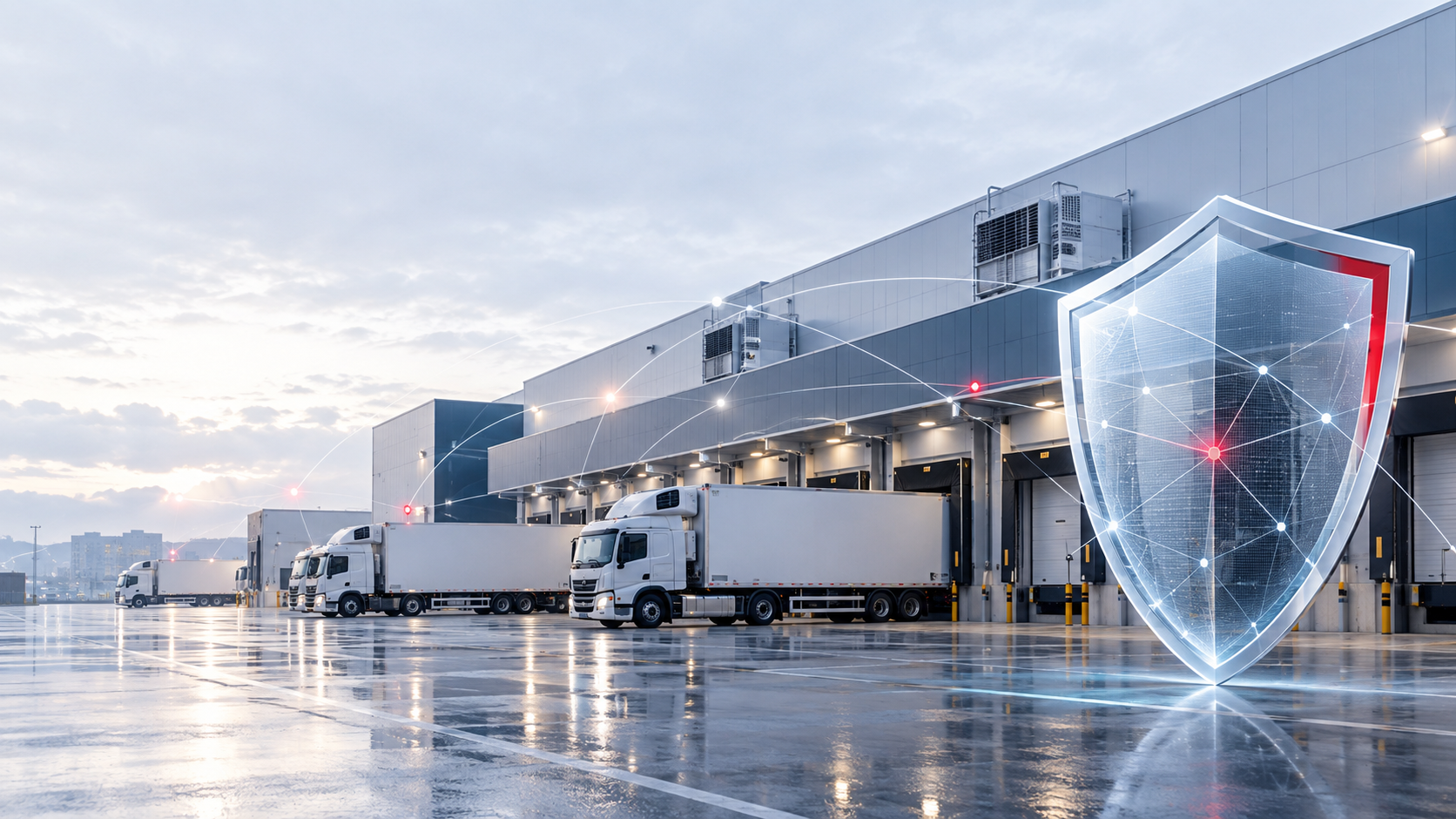 Conceptual cybersecurity shield in front of a cold-storage warehouse and delivery trucks.